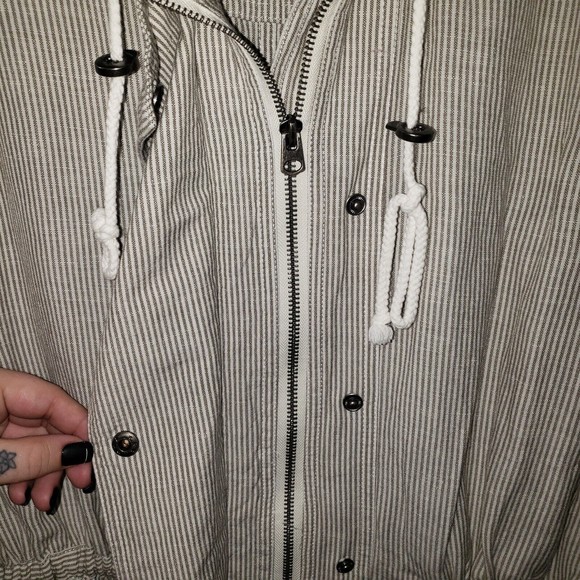 Lucky Brand Sz L Women's Linen Blend Striped Jacket Full Zip Waist Drawstring - Picture 6 of 12
